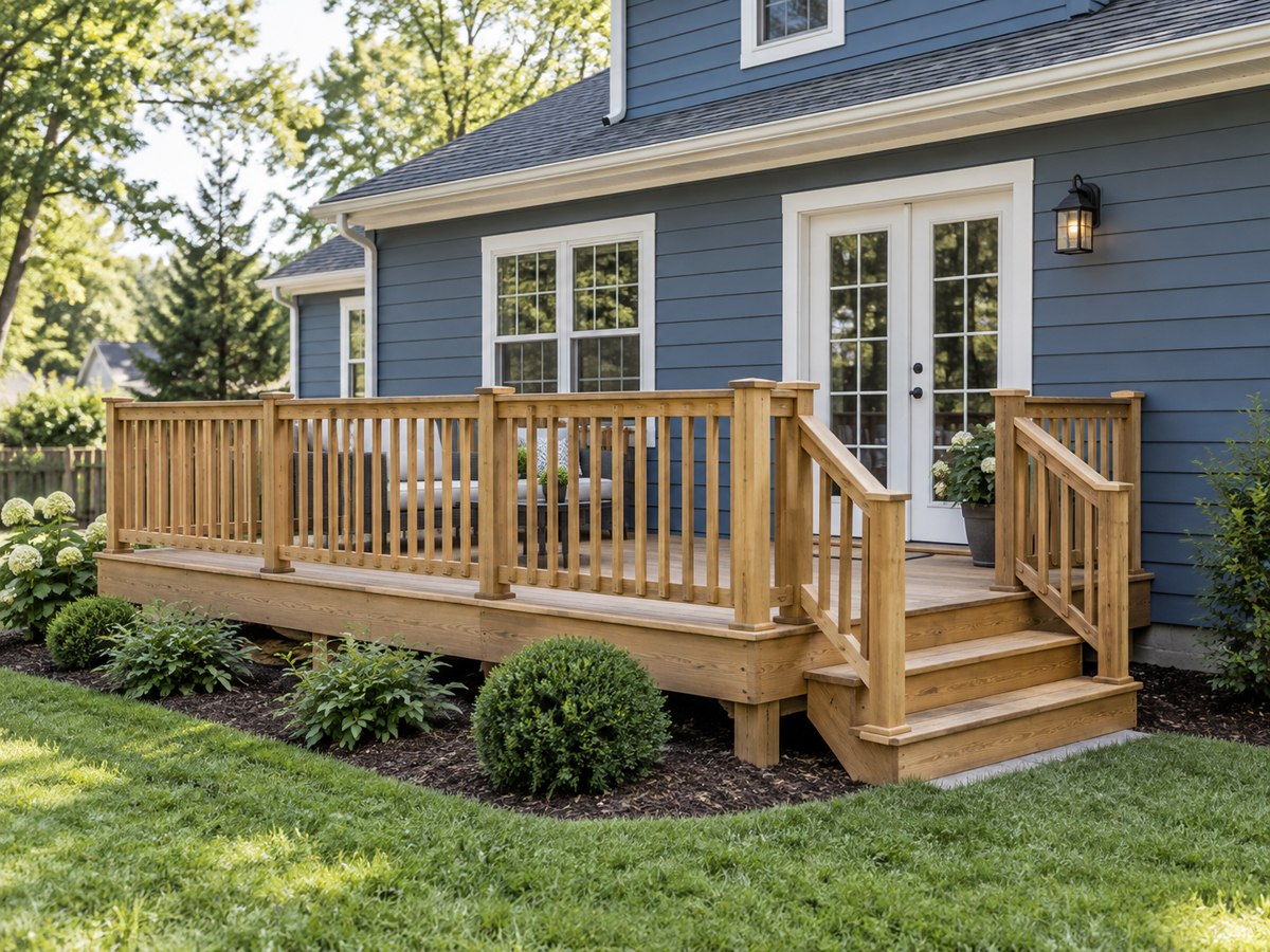 Wood deck attached to a home