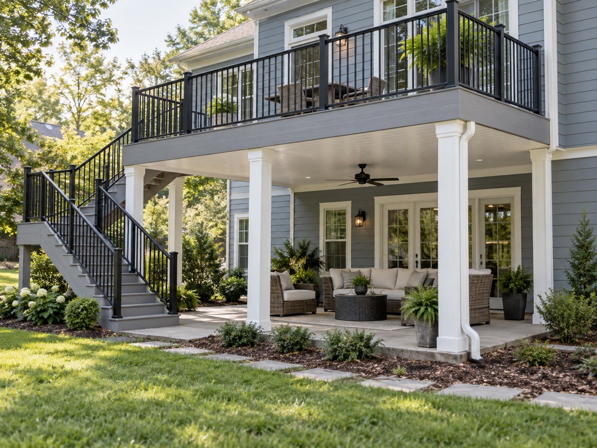 Illustrative elevated deck with a sheltered seating area below
