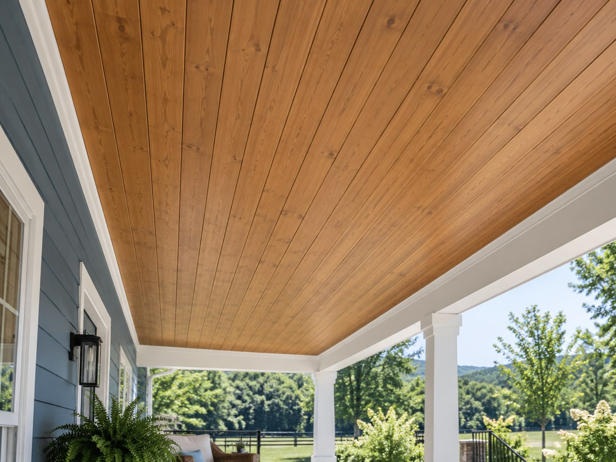 Natural wood tongue and groove ceiling on a covered porch