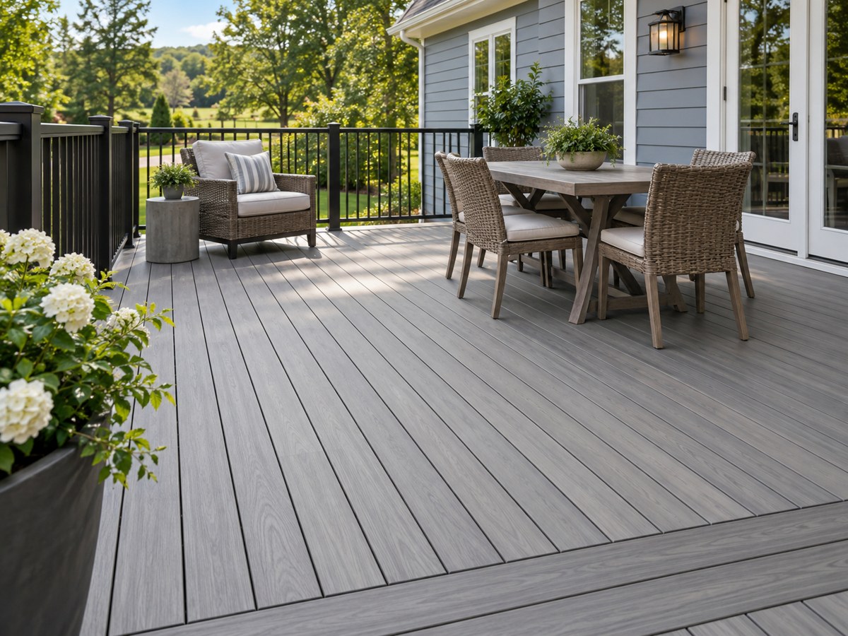 Illustrative gray composite deck with a picture-frame border
